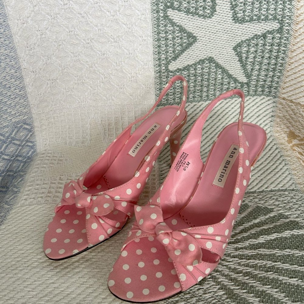 Ann Marino - Pink and White Polka Dot Shoes High Heel Sling Back Open.